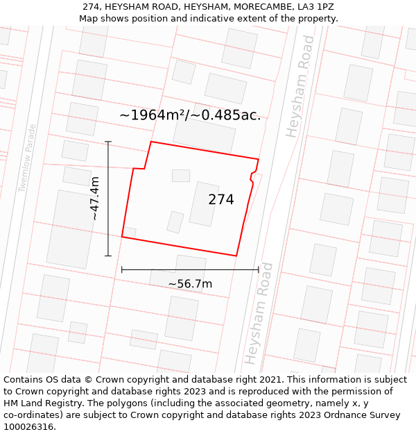 274, HEYSHAM ROAD, HEYSHAM, MORECAMBE, LA3 1PZ: Plot and title map