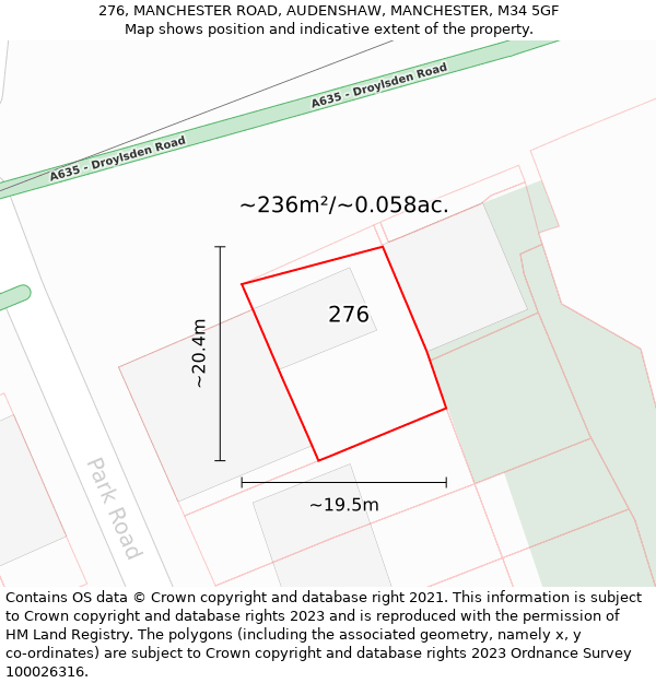 276, MANCHESTER ROAD, AUDENSHAW, MANCHESTER, M34 5GF: Plot and title map