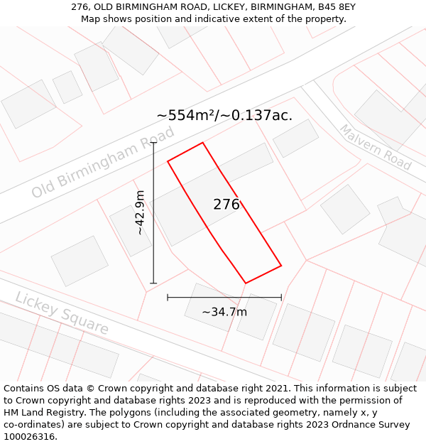 276, OLD BIRMINGHAM ROAD, LICKEY, BIRMINGHAM, B45 8EY: Plot and title map