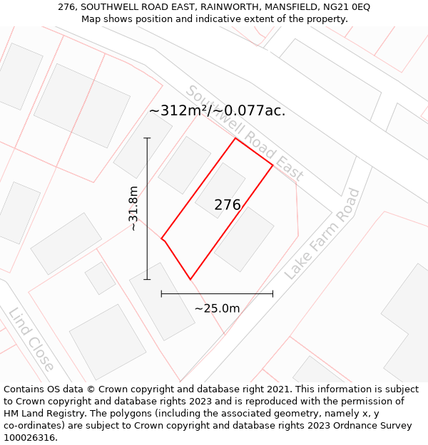 276, SOUTHWELL ROAD EAST, RAINWORTH, MANSFIELD, NG21 0EQ: Plot and title map