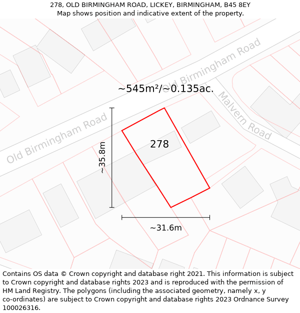 278, OLD BIRMINGHAM ROAD, LICKEY, BIRMINGHAM, B45 8EY: Plot and title map