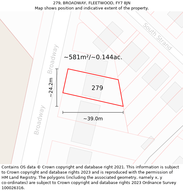 279, BROADWAY, FLEETWOOD, FY7 8JN: Plot and title map