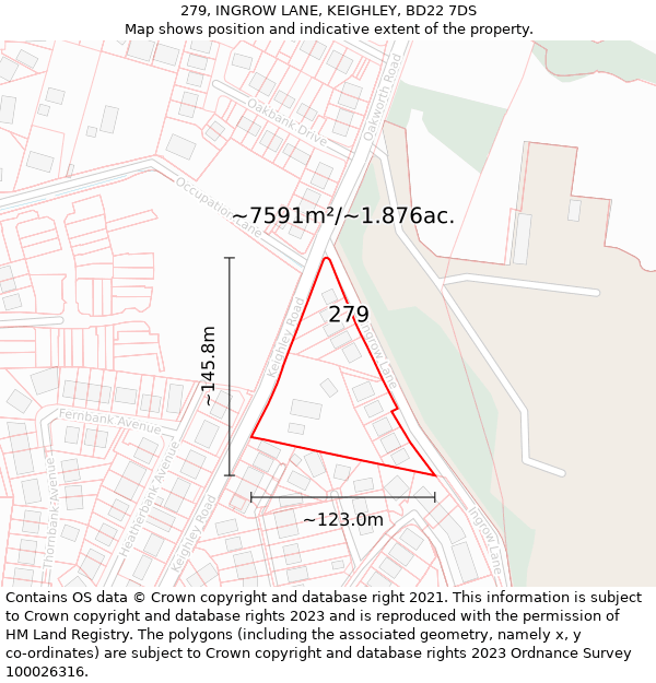 279, INGROW LANE, KEIGHLEY, BD22 7DS: Plot and title map