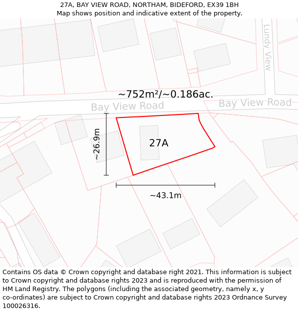 27A, BAY VIEW ROAD, NORTHAM, BIDEFORD, EX39 1BH: Plot and title map