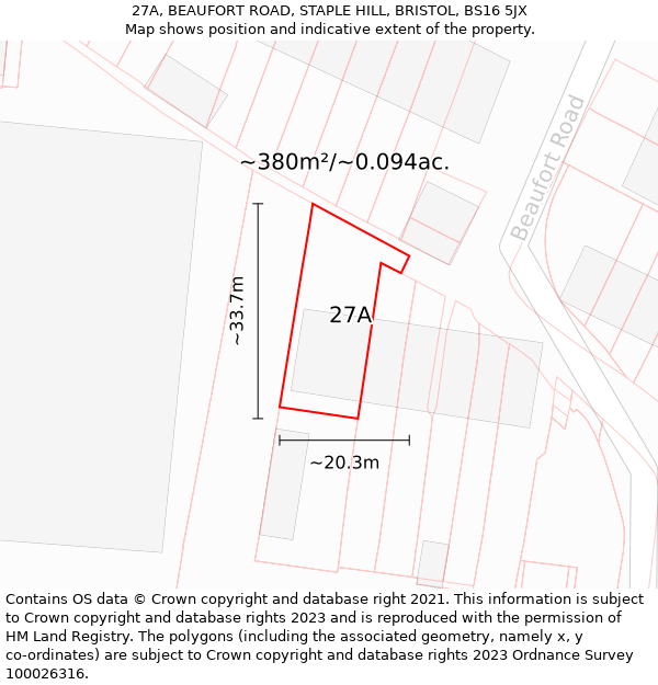 27A, BEAUFORT ROAD, STAPLE HILL, BRISTOL, BS16 5JX: Plot and title map