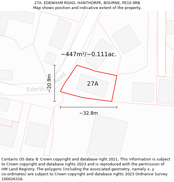 27A, EDENHAM ROAD, HANTHORPE, BOURNE, PE10 0RB: Plot and title map