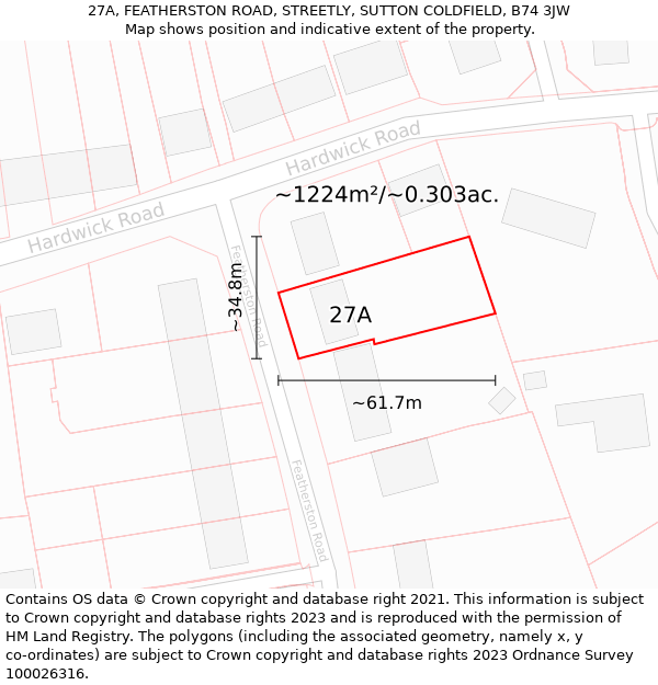 27A, FEATHERSTON ROAD, STREETLY, SUTTON COLDFIELD, B74 3JW: Plot and title map