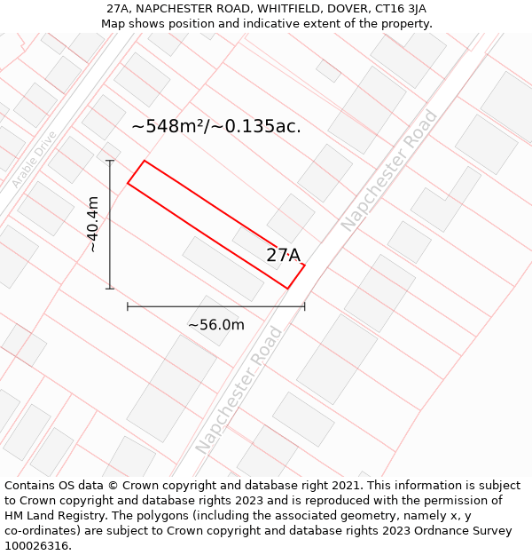 27A, NAPCHESTER ROAD, WHITFIELD, DOVER, CT16 3JA: Plot and title map