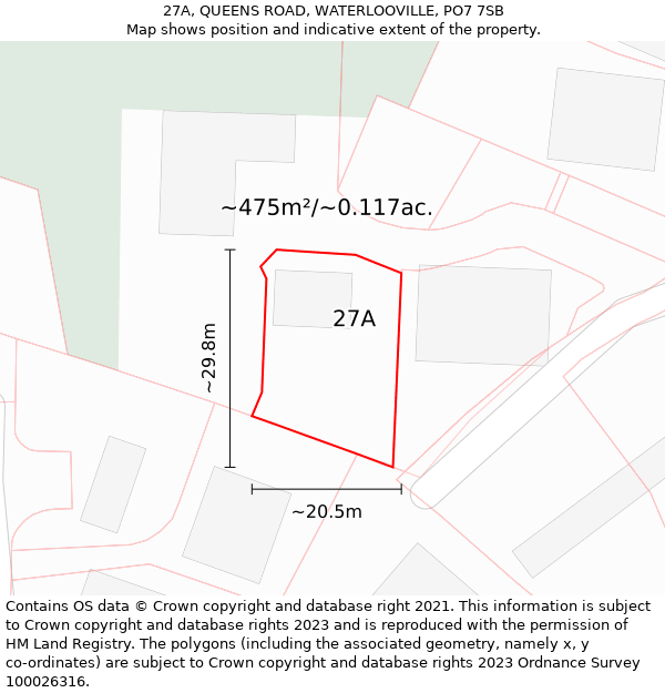 27A, QUEENS ROAD, WATERLOOVILLE, PO7 7SB: Plot and title map