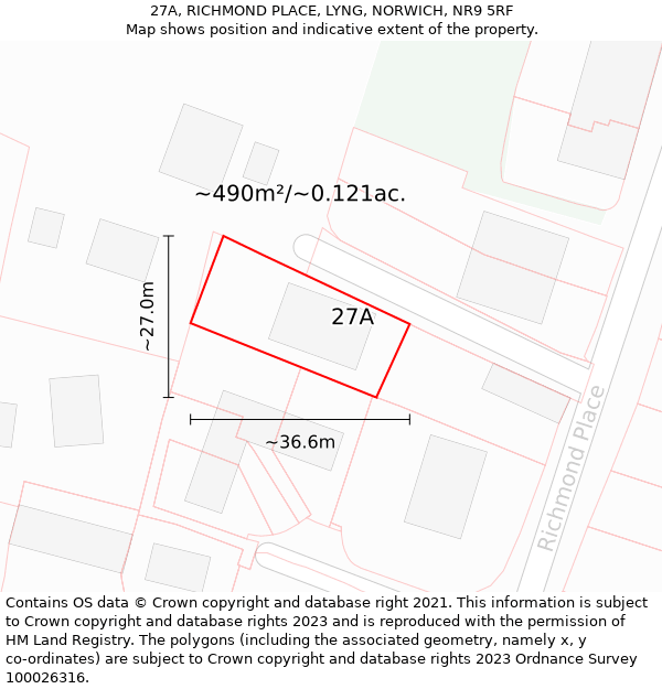 27A, RICHMOND PLACE, LYNG, NORWICH, NR9 5RF: Plot and title map