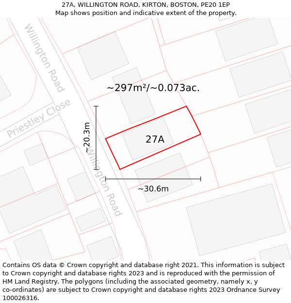 27A, WILLINGTON ROAD, KIRTON, BOSTON, PE20 1EP: Plot and title map