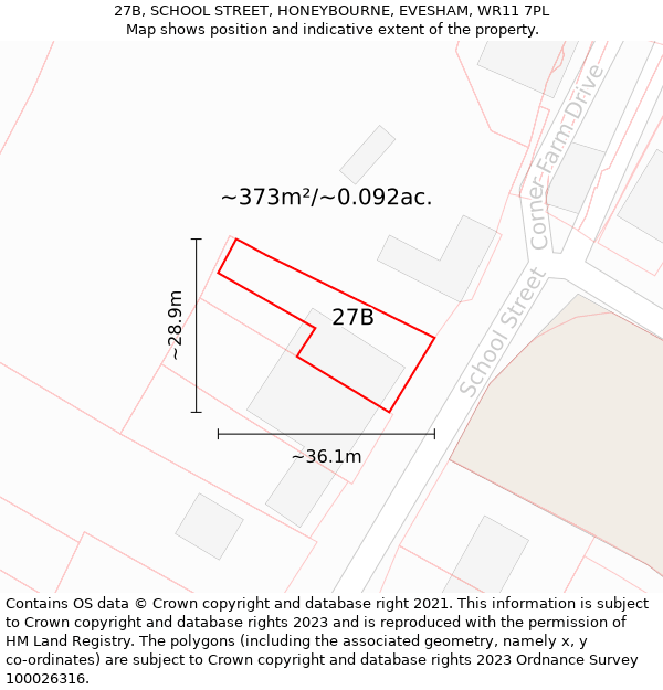 27B, SCHOOL STREET, HONEYBOURNE, EVESHAM, WR11 7PL: Plot and title map