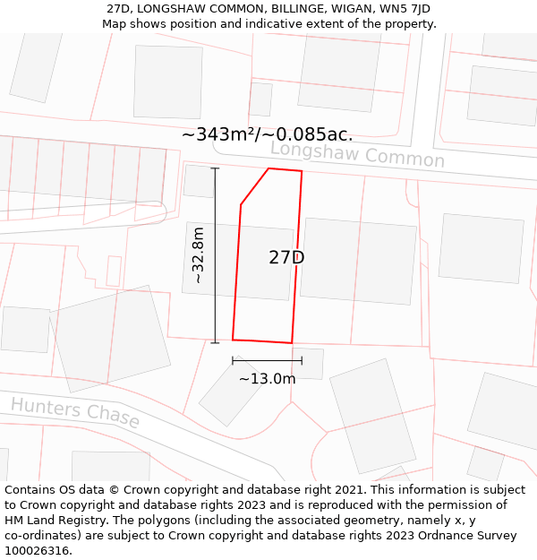 27D, LONGSHAW COMMON, BILLINGE, WIGAN, WN5 7JD: Plot and title map