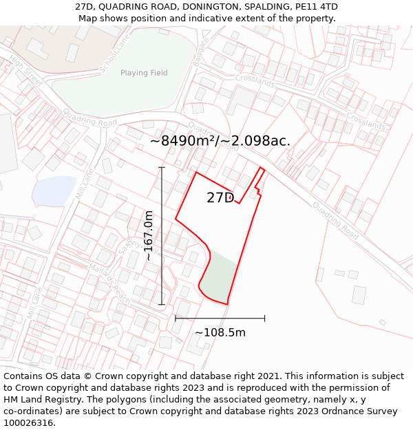 27D, QUADRING ROAD, DONINGTON, SPALDING, PE11 4TD: Plot and title map