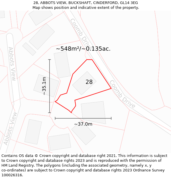 28, ABBOTS VIEW, BUCKSHAFT, CINDERFORD, GL14 3EG: Plot and title map