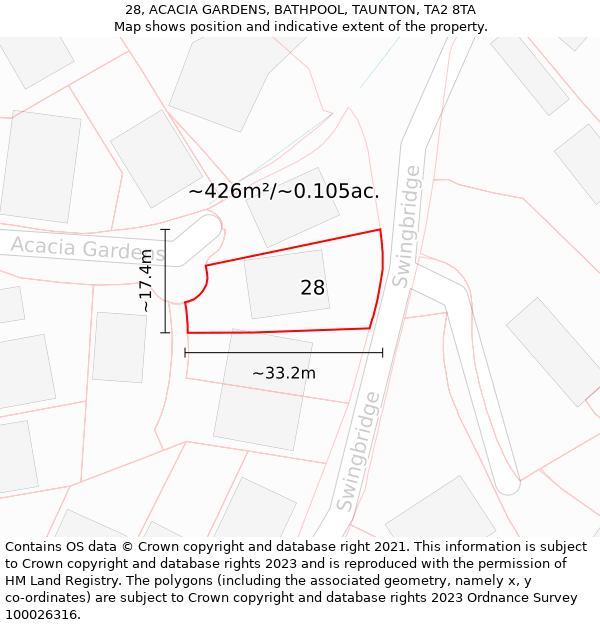 28, ACACIA GARDENS, BATHPOOL, TAUNTON, TA2 8TA: Plot and title map