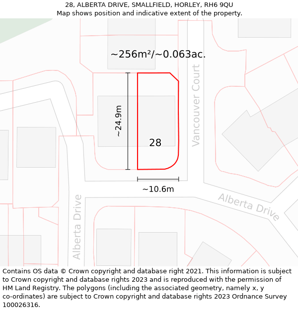 28, ALBERTA DRIVE, SMALLFIELD, HORLEY, RH6 9QU: Plot and title map