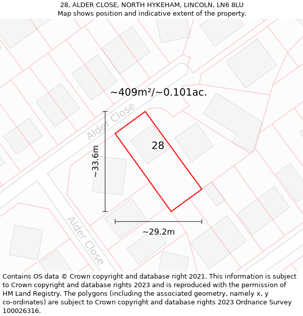 28, ALDER CLOSE, NORTH HYKEHAM, LINCOLN, LN6 8LU: Plot and title map