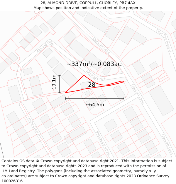 28, ALMOND DRIVE, COPPULL, CHORLEY, PR7 4AX: Plot and title map