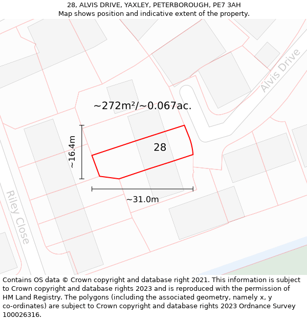 28, ALVIS DRIVE, YAXLEY, PETERBOROUGH, PE7 3AH: Plot and title map