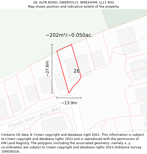 28, ALYN ROAD, GWERSYLLT, WREXHAM, LL11 4HU: Plot and title map