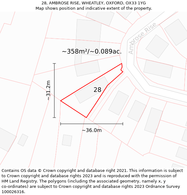 28, AMBROSE RISE, WHEATLEY, OXFORD, OX33 1YG: Plot and title map