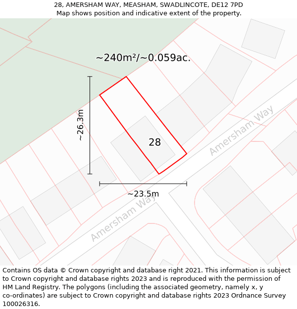 28, AMERSHAM WAY, MEASHAM, SWADLINCOTE, DE12 7PD: Plot and title map