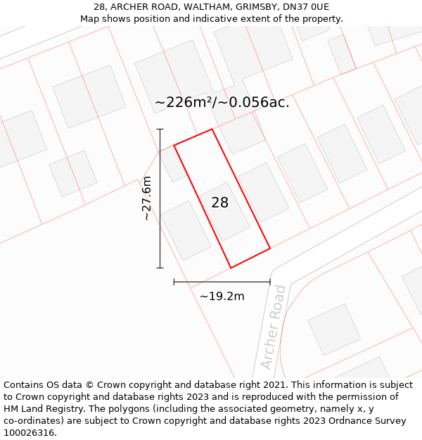 28, ARCHER ROAD, WALTHAM, GRIMSBY, DN37 0UE: Plot and title map