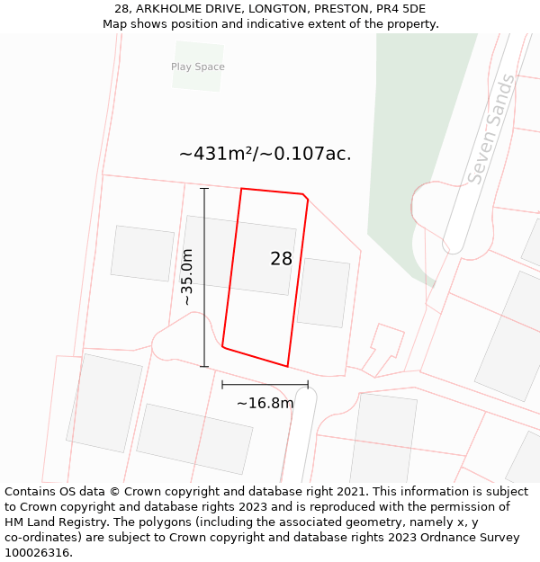 28, ARKHOLME DRIVE, LONGTON, PRESTON, PR4 5DE: Plot and title map