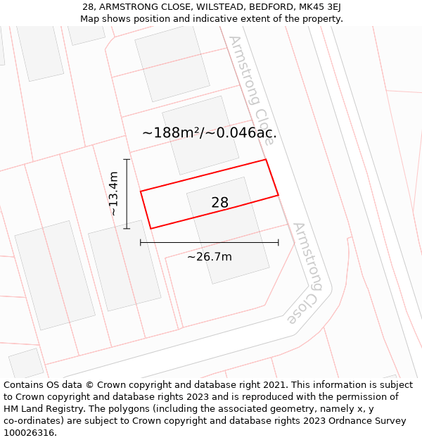 28, ARMSTRONG CLOSE, WILSTEAD, BEDFORD, MK45 3EJ: Plot and title map