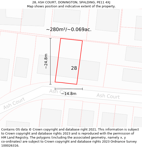 28, ASH COURT, DONINGTON, SPALDING, PE11 4XJ: Plot and title map