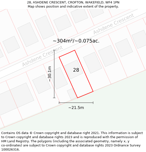 28, ASHDENE CRESCENT, CROFTON, WAKEFIELD, WF4 1PN: Plot and title map