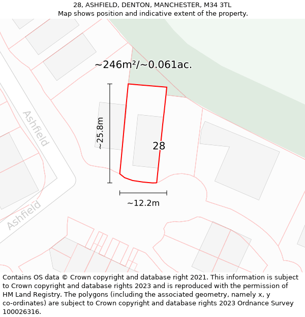 28, ASHFIELD, DENTON, MANCHESTER, M34 3TL: Plot and title map