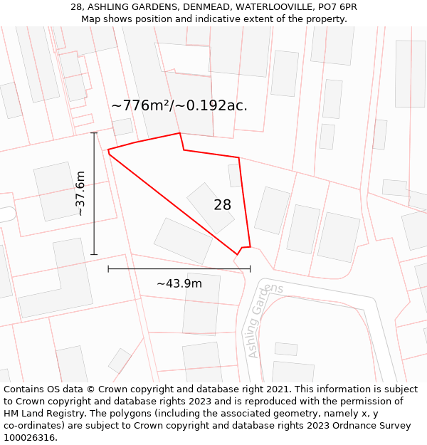 28, ASHLING GARDENS, DENMEAD, WATERLOOVILLE, PO7 6PR: Plot and title map