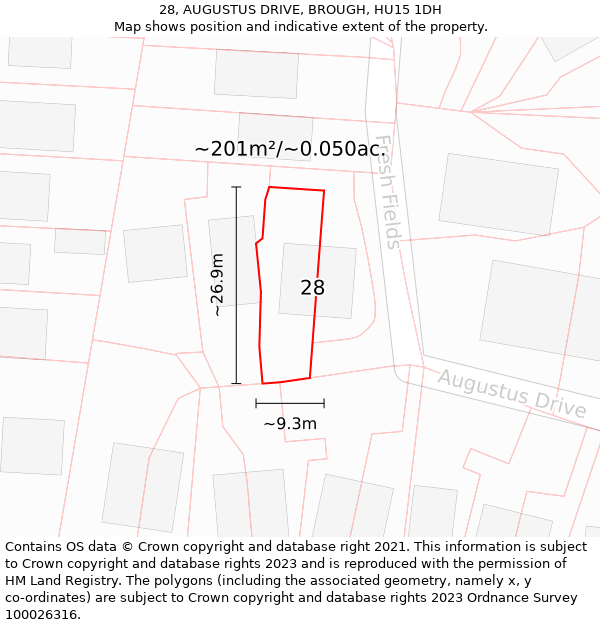 28, AUGUSTUS DRIVE, BROUGH, HU15 1DH: Plot and title map