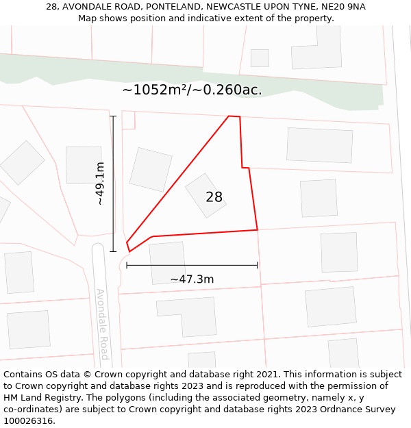 28, AVONDALE ROAD, PONTELAND, NEWCASTLE UPON TYNE, NE20 9NA: Plot and title map