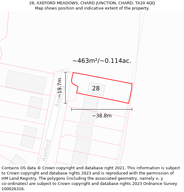 28, AXEFORD MEADOWS, CHARD JUNCTION, CHARD, TA20 4QQ: Plot and title map