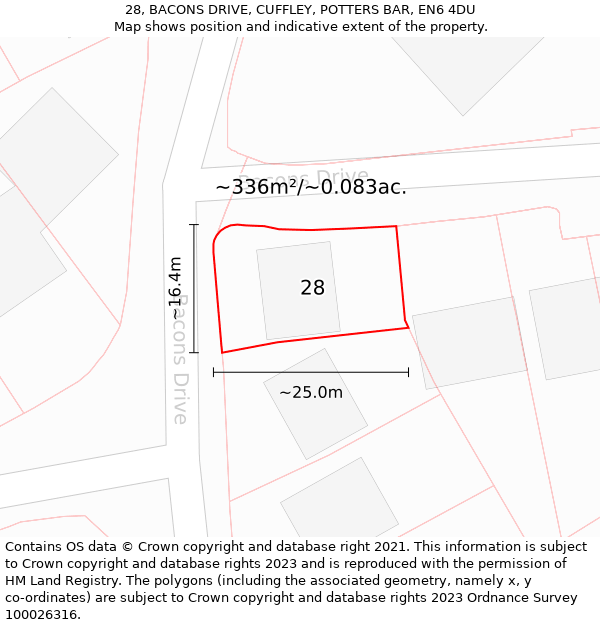 28, BACONS DRIVE, CUFFLEY, POTTERS BAR, EN6 4DU: Plot and title map