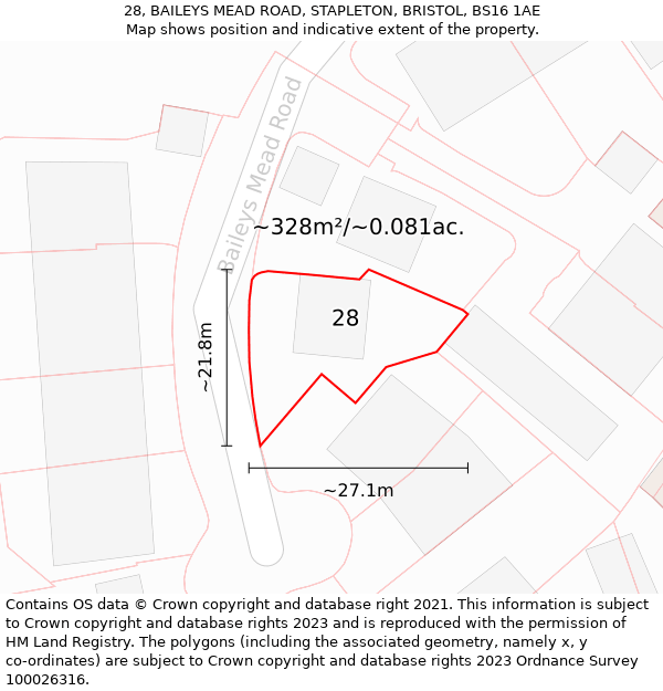 28, BAILEYS MEAD ROAD, STAPLETON, BRISTOL, BS16 1AE: Plot and title map