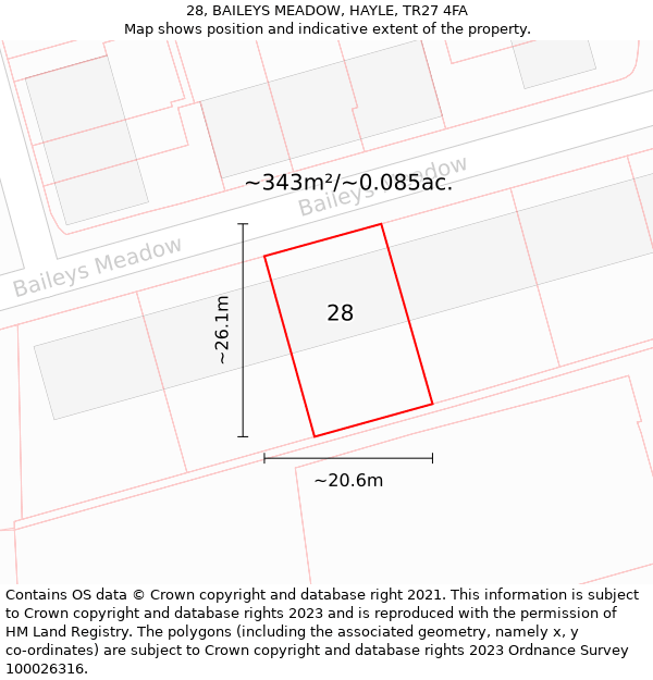 28, BAILEYS MEADOW, HAYLE, TR27 4FA: Plot and title map