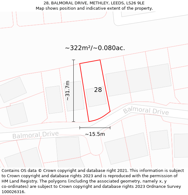 28, BALMORAL DRIVE, METHLEY, LEEDS, LS26 9LE: Plot and title map