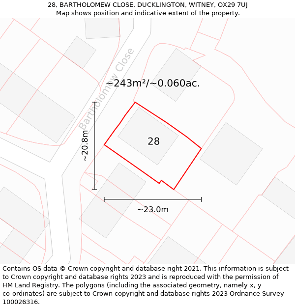 28, BARTHOLOMEW CLOSE, DUCKLINGTON, WITNEY, OX29 7UJ: Plot and title map