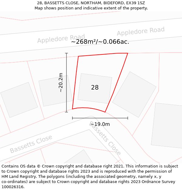 28, BASSETTS CLOSE, NORTHAM, BIDEFORD, EX39 1SZ: Plot and title map