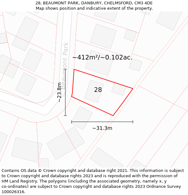 28, BEAUMONT PARK, DANBURY, CHELMSFORD, CM3 4DE: Plot and title map