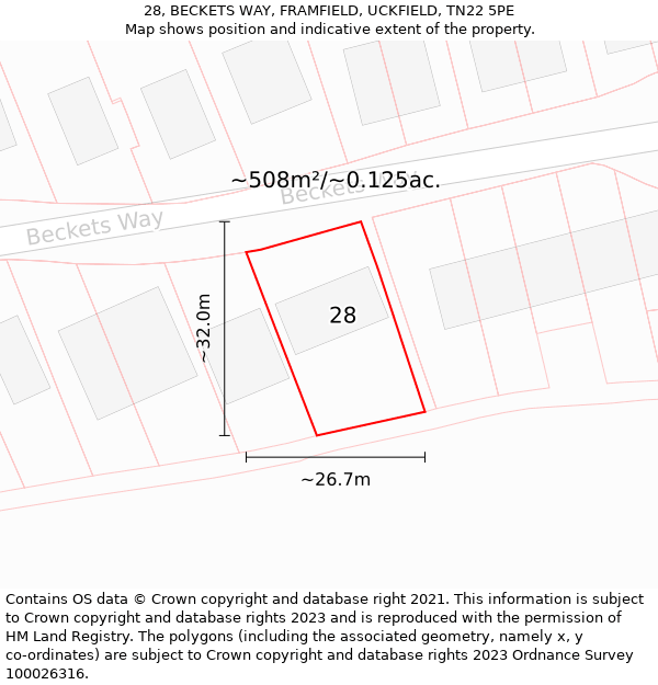 28, BECKETS WAY, FRAMFIELD, UCKFIELD, TN22 5PE: Plot and title map