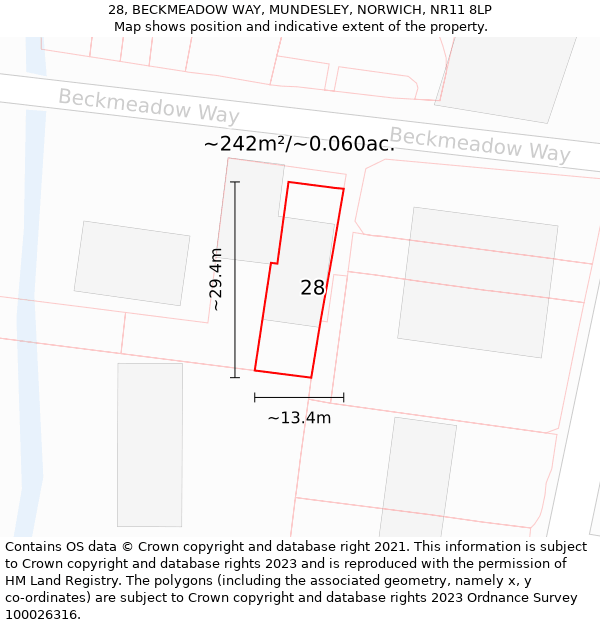 28, BECKMEADOW WAY, MUNDESLEY, NORWICH, NR11 8LP: Plot and title map