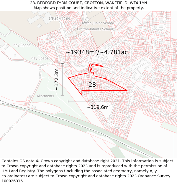 28, BEDFORD FARM COURT, CROFTON, WAKEFIELD, WF4 1AN: Plot and title map