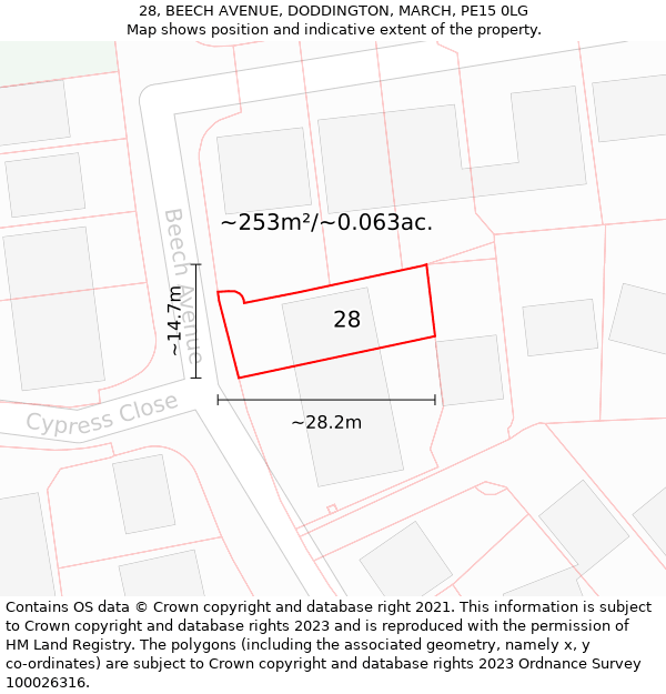 28, BEECH AVENUE, DODDINGTON, MARCH, PE15 0LG: Plot and title map