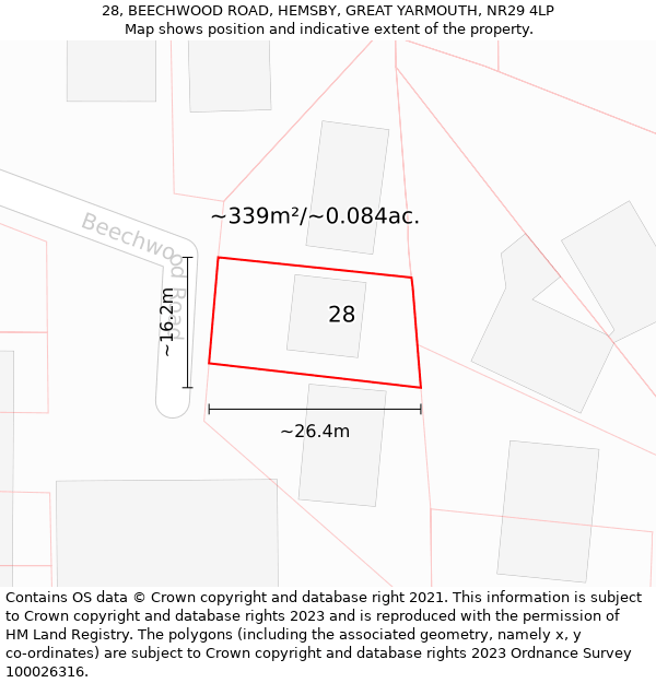 28, BEECHWOOD ROAD, HEMSBY, GREAT YARMOUTH, NR29 4LP: Plot and title map