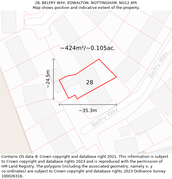 28, BELFRY WAY, EDWALTON, NOTTINGHAM, NG12 4FA: Plot and title map